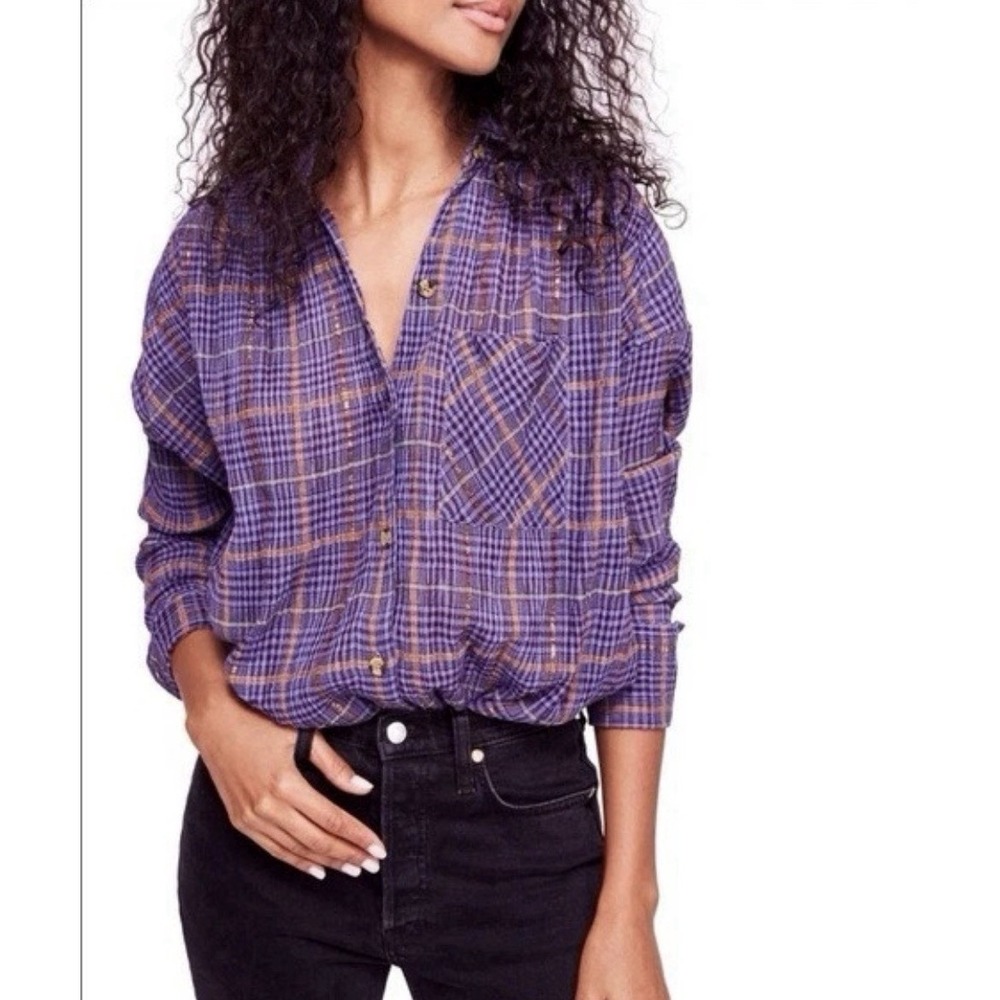 Free People Break My Stride Plaid Button Up Shirt Size XS Violet Combo Metallic